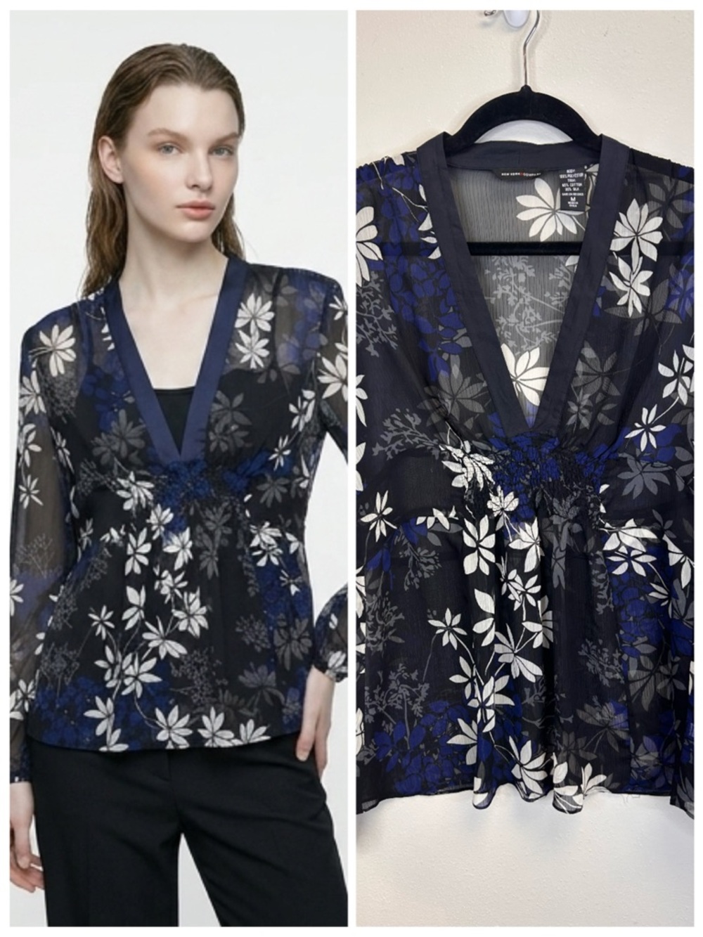 Asian Inspired Whimsical Elegant Silk Cotton Sheer Floral V Neck Blouse Size M